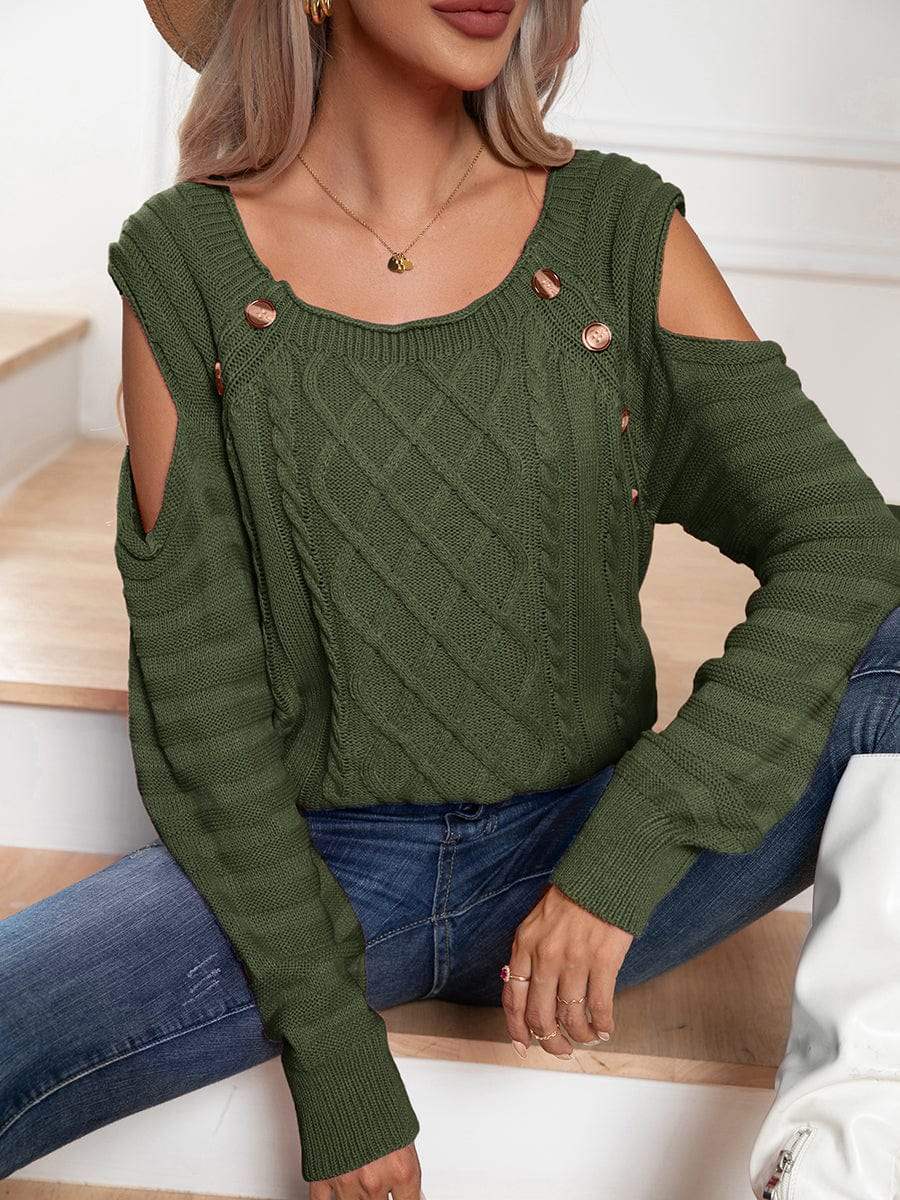 Decorative Button Cold-Shoulder Sweater - Trendsi - Flyclothing LLC