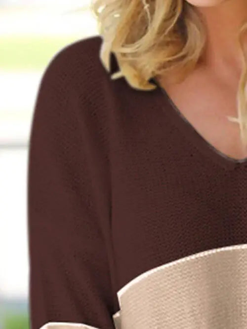 Striped V-Neck Long Sleeve Sweater - Trendsi - Flyclothing LLC