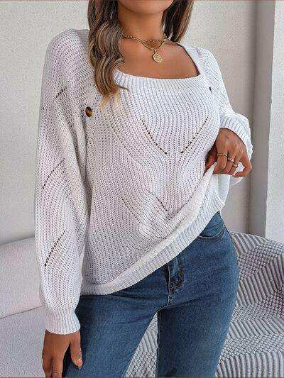Openwork Buttoned Square Neck Sweater - Trendsi - Flyclothing LLC