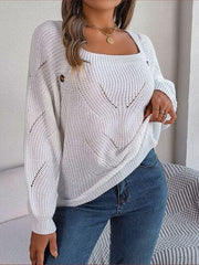 Openwork Buttoned Square Neck Sweater - Trendsi
