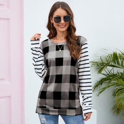 Plaid Striped Round Neck Long Sleeve T-Shirt - Trendsi