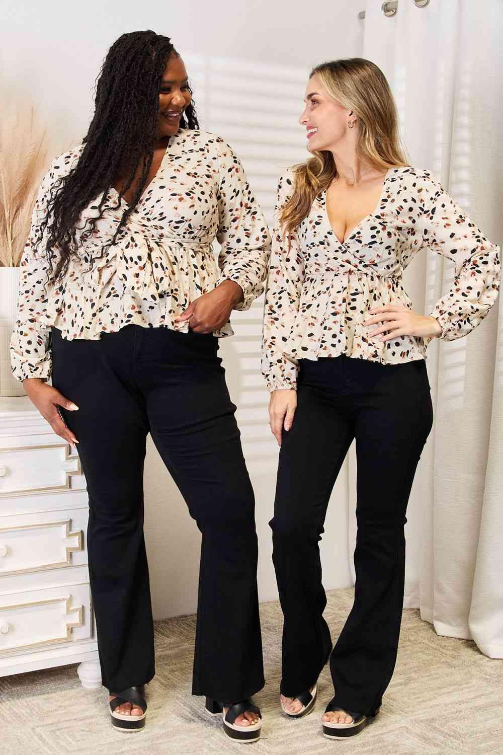 Double Take Printed Tied Plunge Peplum Blouse - Trendsi