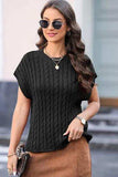 Cable-Knit Round Neck Cap Sleeve Sweater - Trendsi - Flyclothing LLC