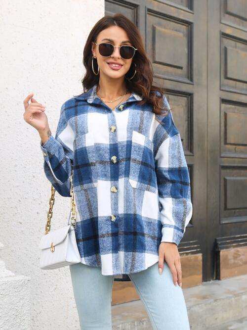Plaid Button Up Collared Neck Long Sleeve Shirt - Trendsi - Flyclothing LLC