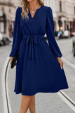 Tie Waist Notched Neck Long Sleeve Dress - Trendsi - Flyclothing LLC