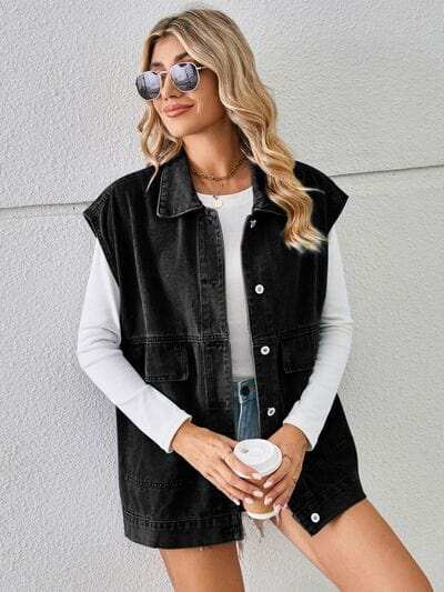 Pocketed Button Up Sleeveless Denim Jacket - Trendsi - Flyclothing LLC