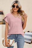 Eyelet V-Neck Petal Sleeve T-Shirt - Trendsi - Flyclothing LLC