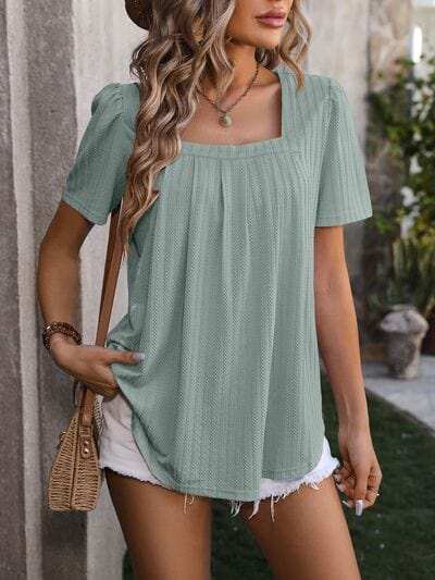 Ruched Square Neck Short Sleeve Blouse - Trendsi - Flyclothing LLC