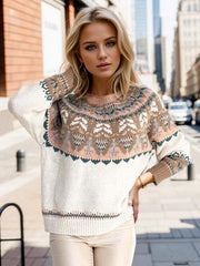 Geometric Round Neck Long Sleeve Sweater - Trendsi