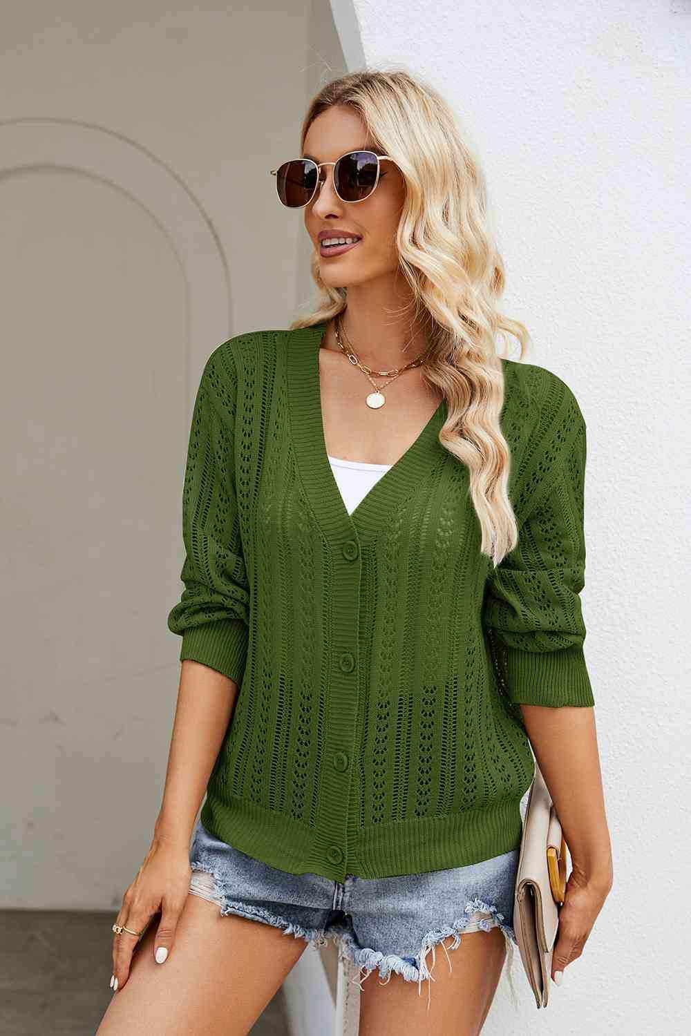 Openwork Button Front V-Neck Cardigan - Trendsi - Flyclothing LLC