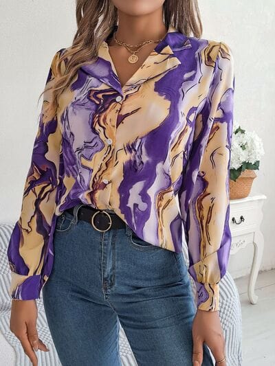 Printed Button Up Long Sleeve Shirt - Trendsi