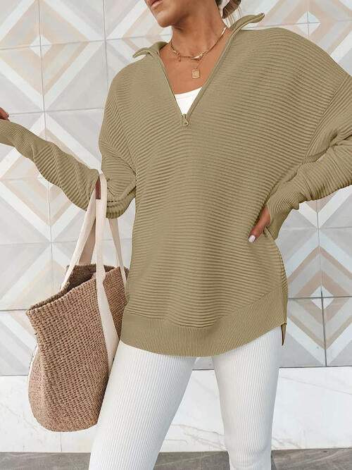 Half Zip Long Sleeve Knit Top - Trendsi - Flyclothing LLC