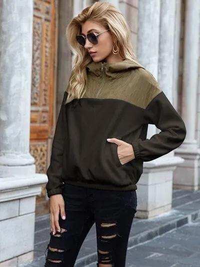 Pocketed Color Block Quarter Zip Hoodie - Trendsi - Flyclothing LLC