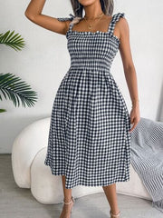 Frill Plaid Square Neck Midi Dress - Trendsi