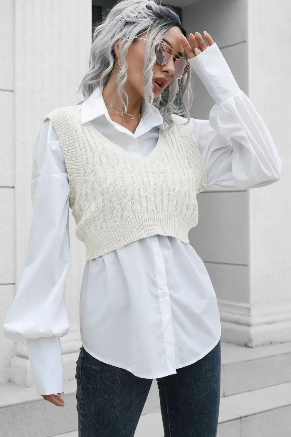 Cable-Knit Deep V Cropped Knit Vest - Trendsi - Flyclothing LLC