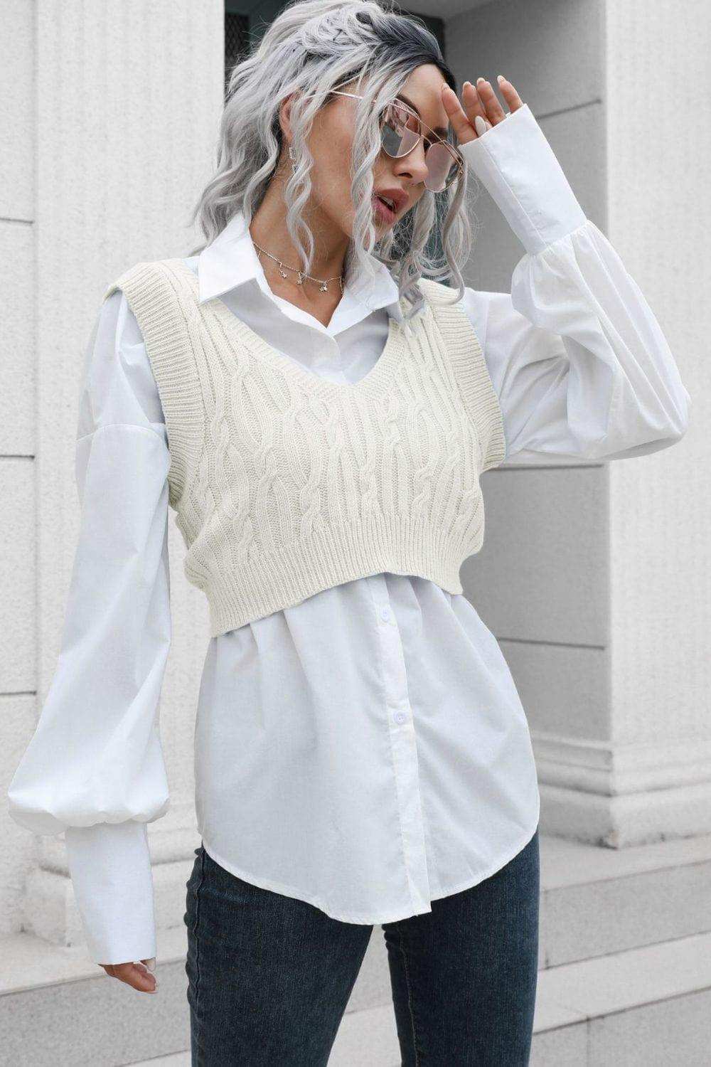 Cable-Knit Deep V Cropped Knit Vest - Trendsi - Flyclothing LLC