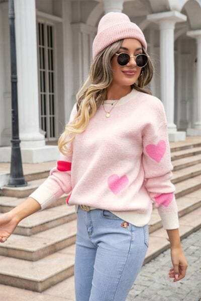 Heart Round Neck Droppped Shoulder Sweater - Trendsi - Flyclothing LLC