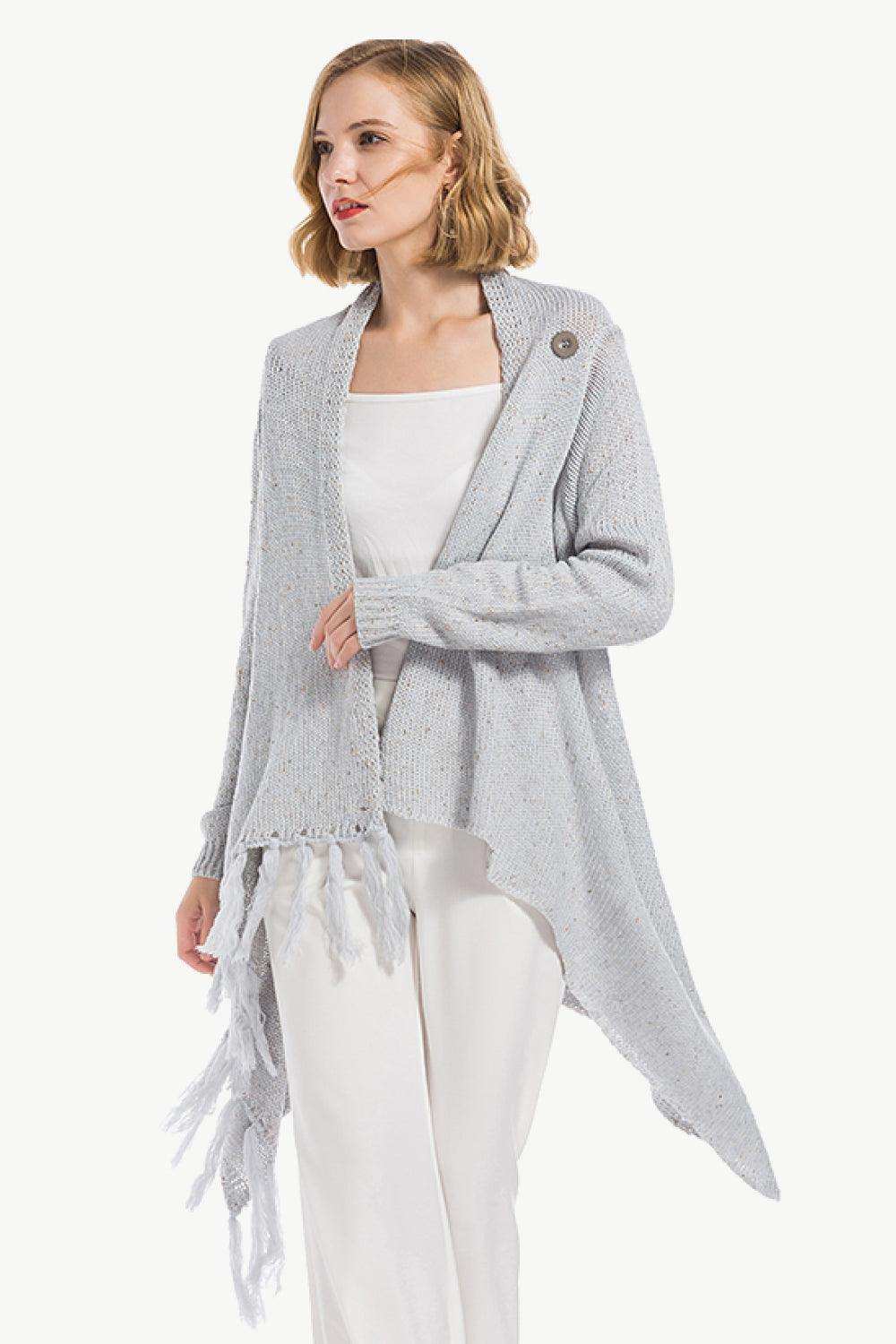 One-Button Tassel Tie Asymmetrical Hem Cardigan - Trendsi - Flyclothing LLC