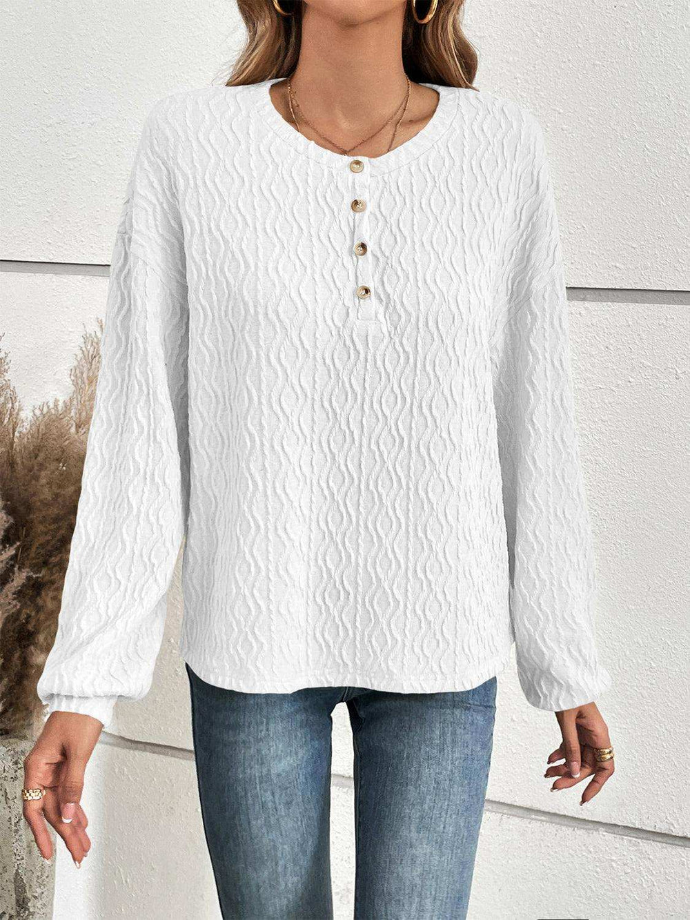 Half Button Long Sleeve Top - Trendsi - Flyclothing LLC
