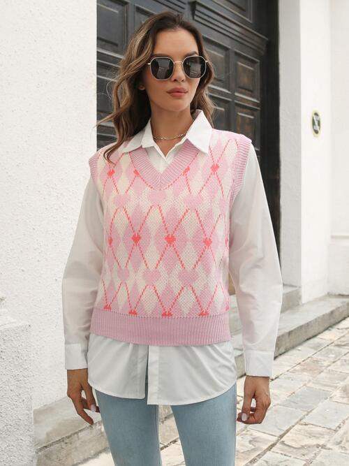 Geometric V-Neck Sweater Vest - Trendsi - Flyclothing LLC