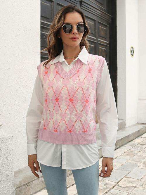 Geometric V-Neck Sweater Vest - Trendsi - Flyclothing LLC