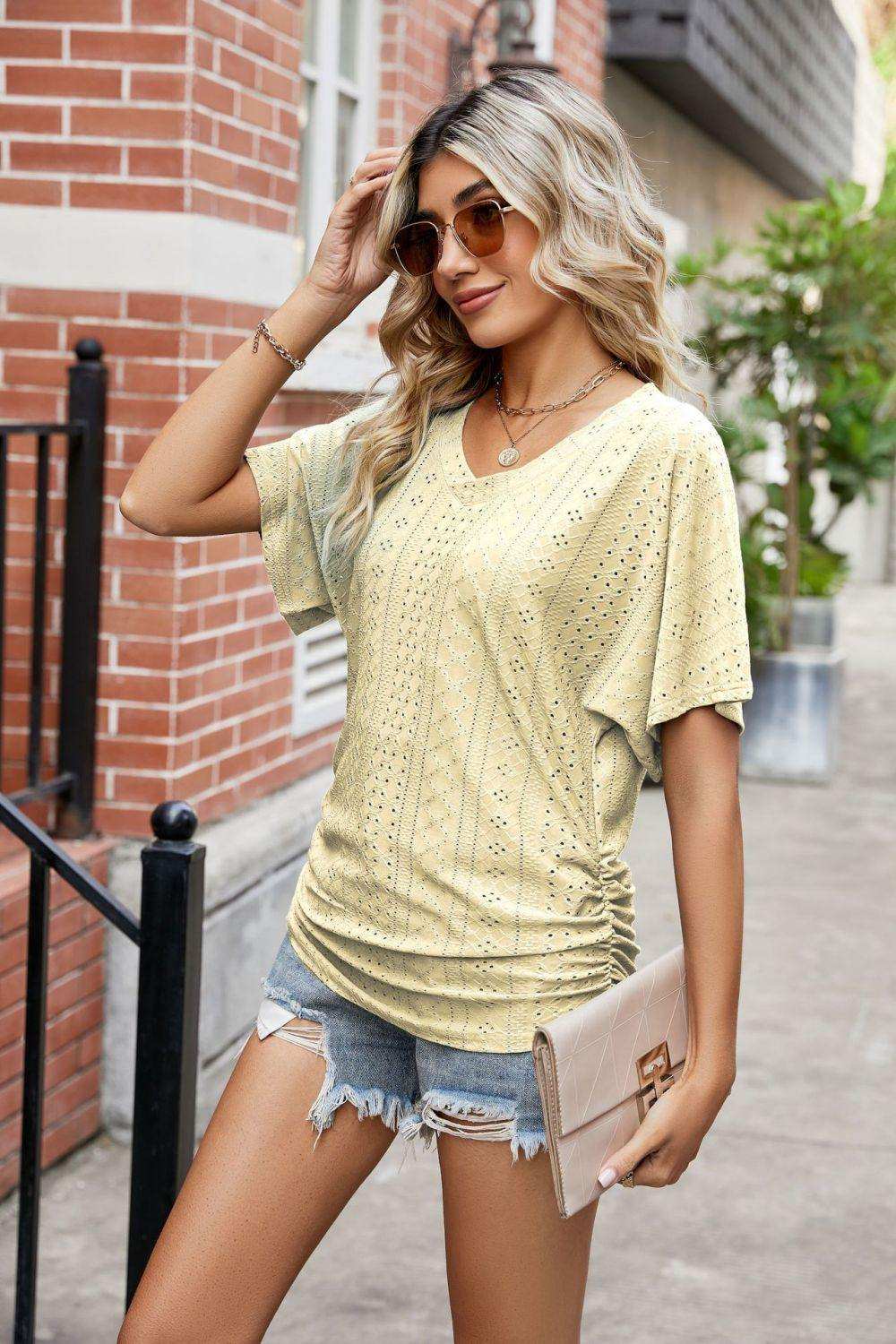 Flutter Sleeve Eyelet Gathered Detail Top - Trendsi - Flyclothing LLC