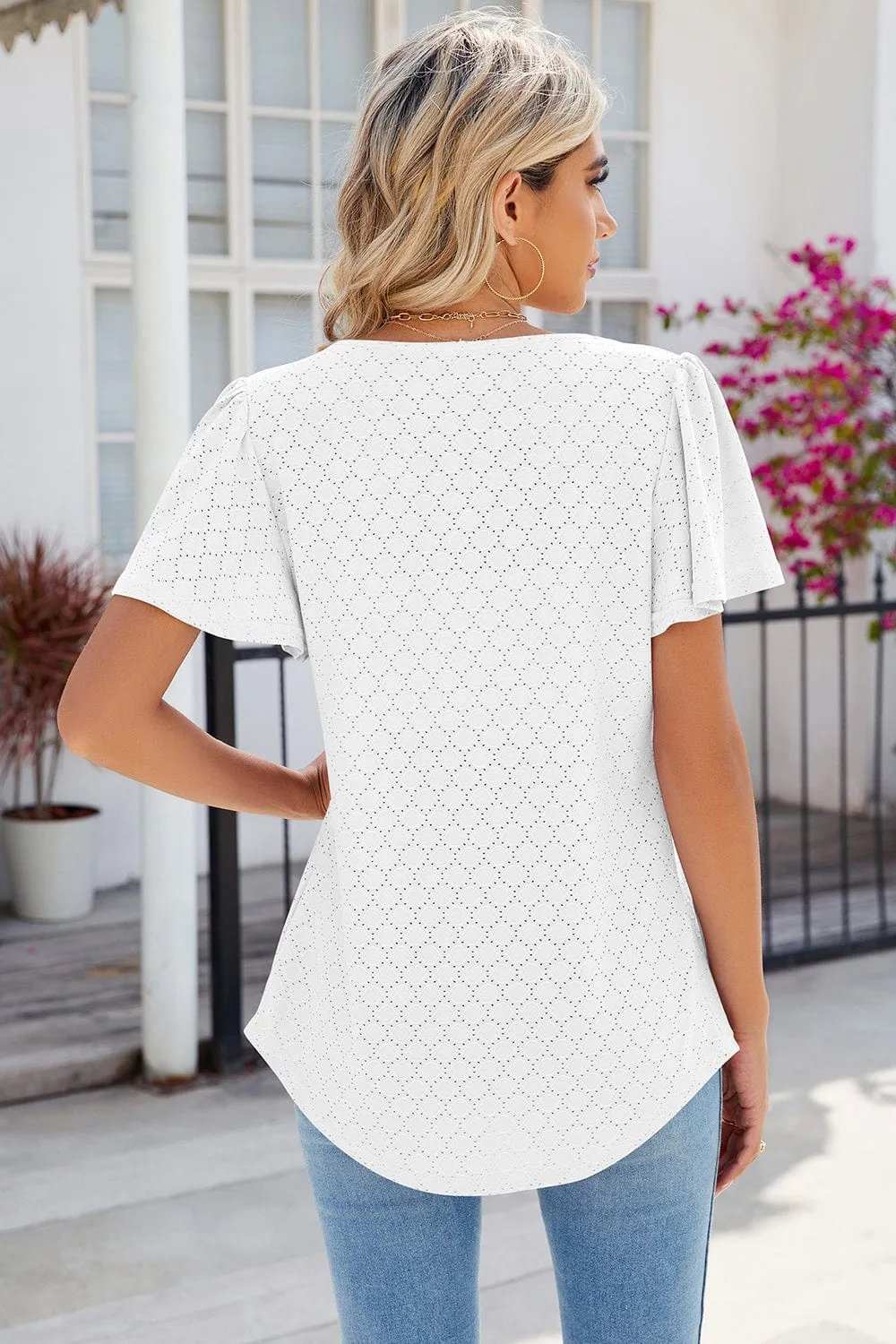 Eyelet Square Neck Flutter Sleeve Blouse - Trendsi - Flyclothing LLC