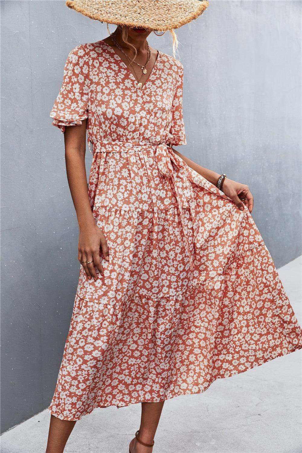Printed V-Neck Flutter Sleeve Belted Dress - Trendsi - Flyclothing LLC