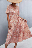 Printed V-Neck Flutter Sleeve Belted Dress - Trendsi - Flyclothing LLC
