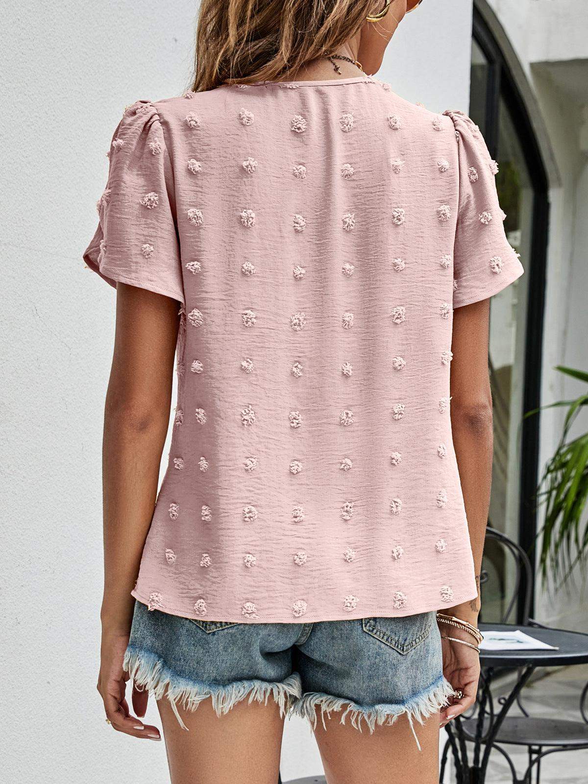 Swiss Dot Round Neck Petal Sleeve Top - Trendsi - Flyclothing LLC
