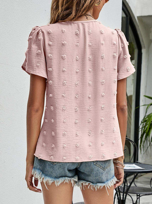 Swiss Dot Round Neck Petal Sleeve Top - Trendsi - Flyclothing LLC
