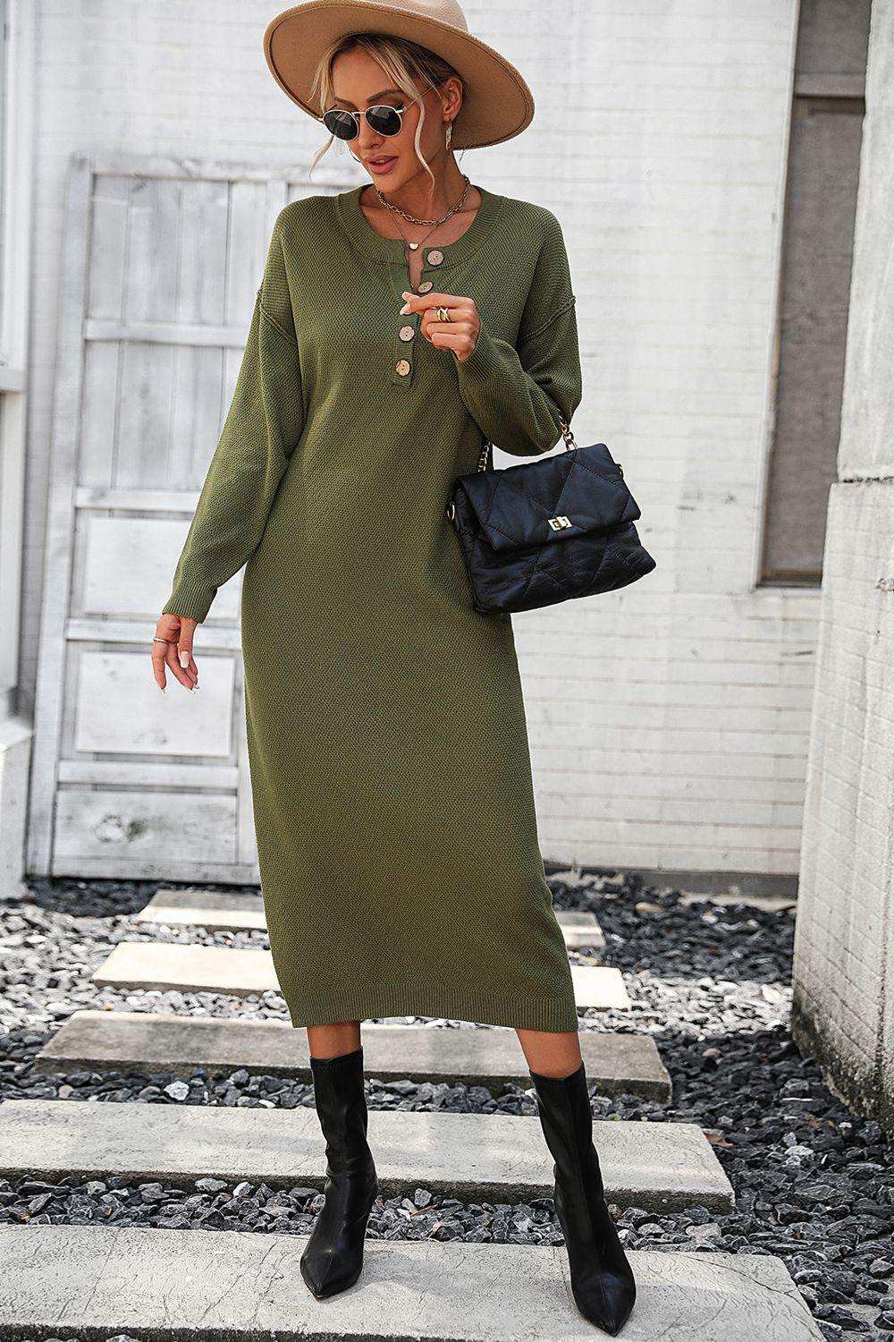 Notched Neck Dropped Shoulder Button-Down Midi Dress - Trendsi - Flyclothing LLC