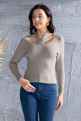 Halter Neck Long Sleeve Sweater - Trendsi