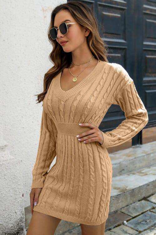 Cable-Knit V-Neck Long Sleeve Mini Sweater Dress - Trendsi - Flyclothing LLC