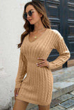 Cable-Knit V-Neck Long Sleeve Mini Sweater Dress - Trendsi - Flyclothing LLC