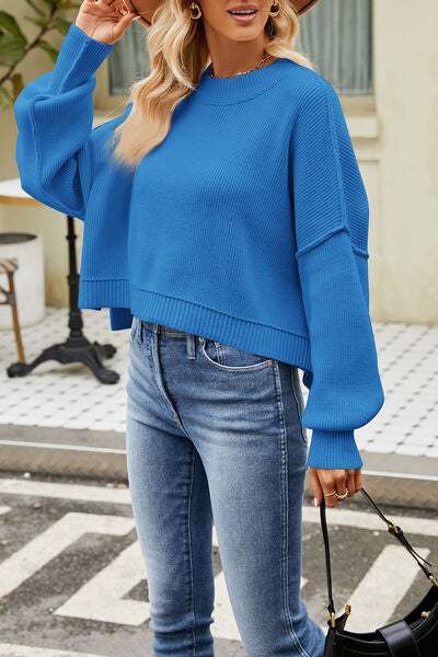 Round Neck Dropped Shoulder Sweater - Trendsi - Flyclothing LLC