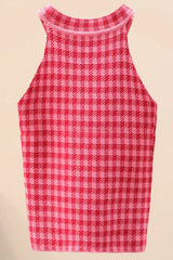 Plaid Round Neck Sleeveless Knit Top - Trendsi - Flyclothing LLC
