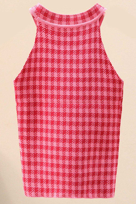 Plaid Round Neck Sleeveless Knit Top - Trendsi - Flyclothing LLC