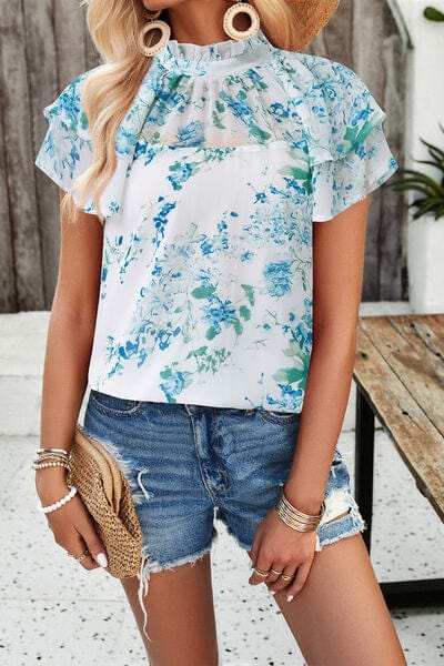 Printed Ruffled Mock Neck Blouse - Trendsi - Flyclothing LLC