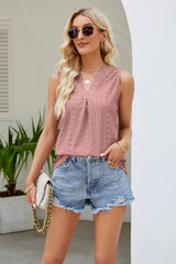 Notched Neck Curved Hem Eyelet Tank - Trendsi - Flyclothing LLC