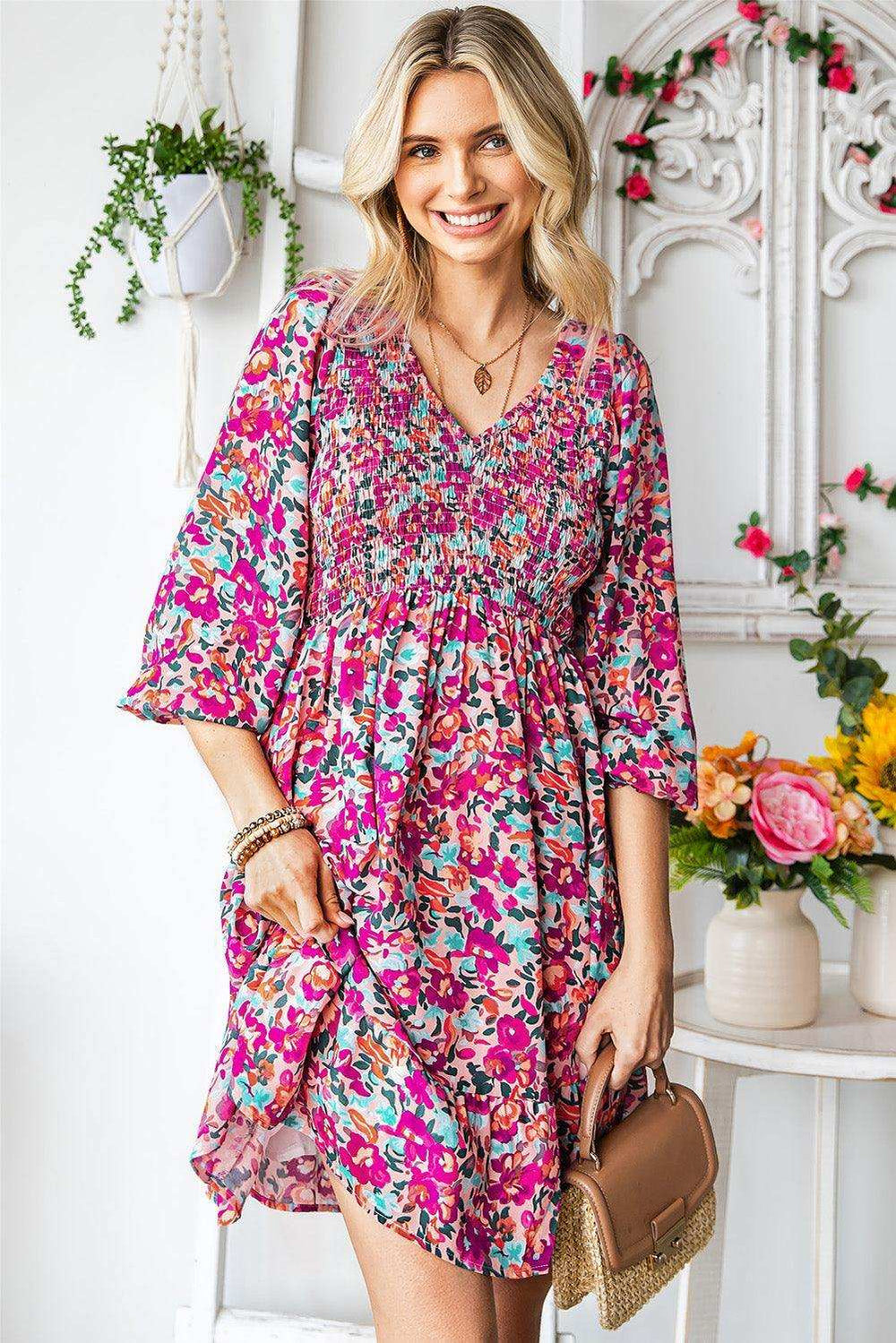 Floral Smocked V-Neck Flounce Sleeve Dress - Trendsi