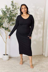 Culture Code Full Size Ribbed Long Sleeve Midi Slit Dress - Trendsi - Flyclothing LLC
