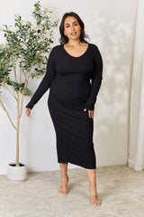 Culture Code Full Size Ribbed Long Sleeve Midi Slit Dress - Trendsi
