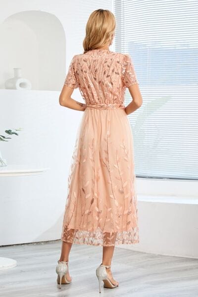 Sequin Leaf Embroidery Tie Front Short Sleeve Dress - Trendsi