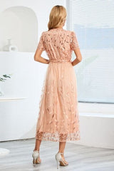 Sequin Leaf Embroidery Tie Front Short Sleeve Dress - Trendsi
