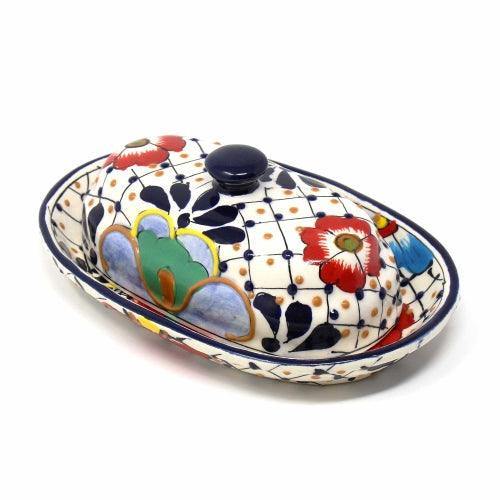 Handmade Pottery Butter Dish, Dots & Flowers - Encantada - Encantada