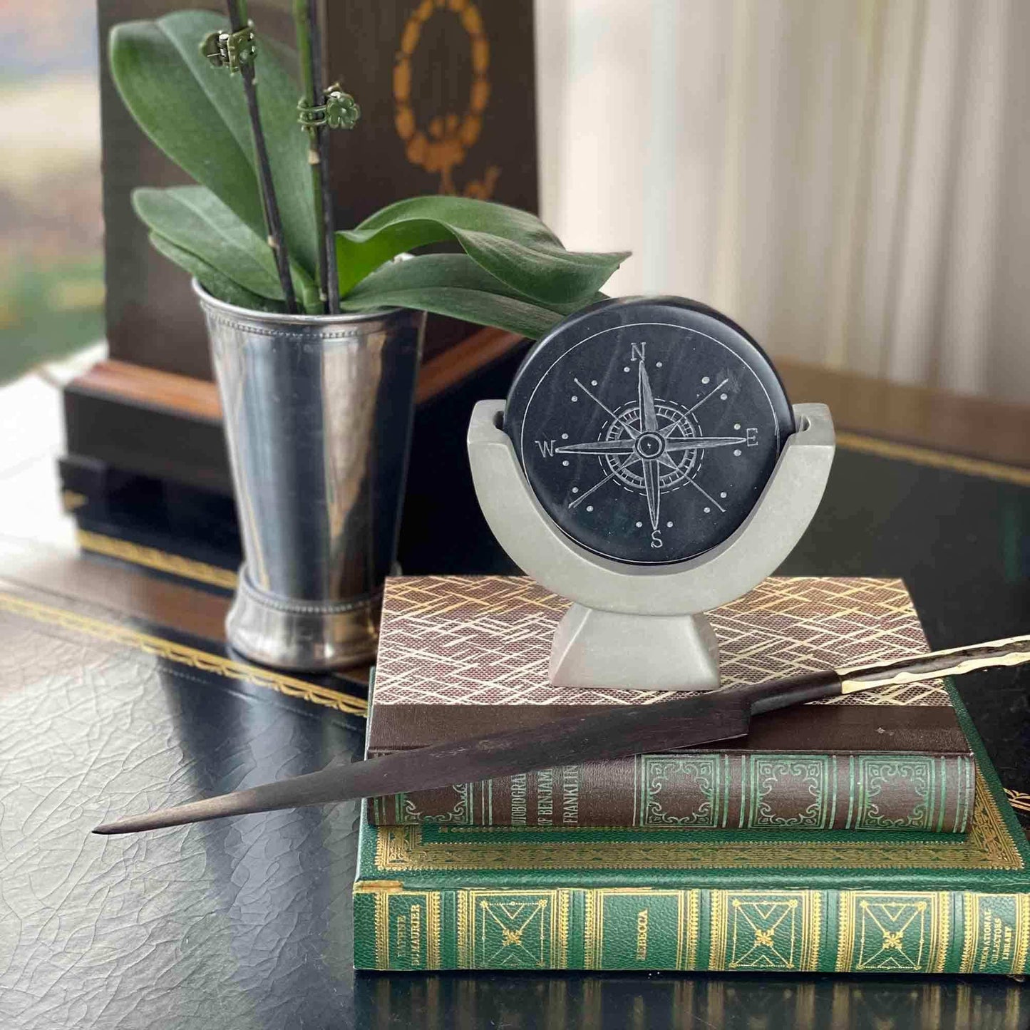 Compass Soapstone Sculpture, Dark Gray Stone - SMOLArt - Flyclothing LLC