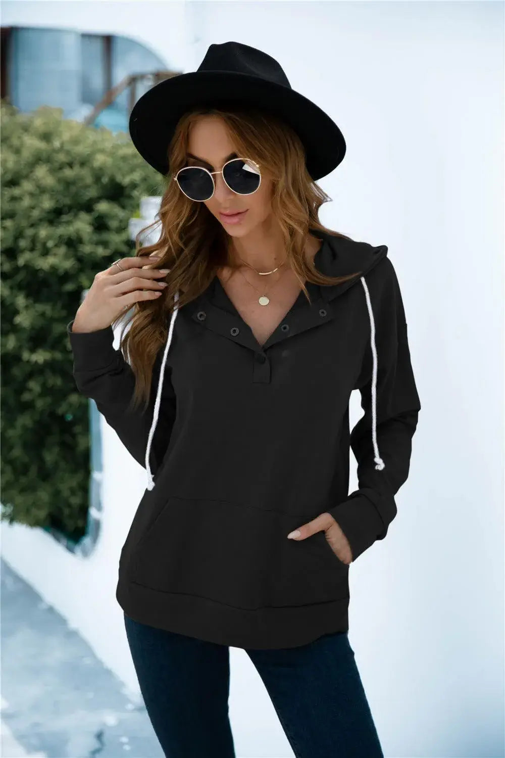 Quarter Snap Drawstring Hoodie with Kangaroo Pocket - Trendsi - Flyclothing LLC
