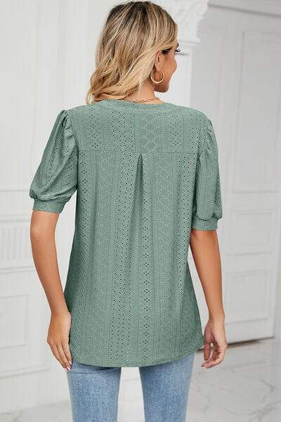 Eyelet Notched Short Sleeve T-Shirt - Trendsi - Flyclothing LLC