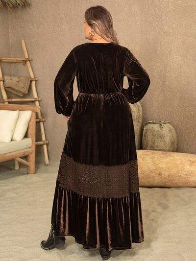 Plus Size V-Neck Balloon Sleeve Maxi Dress - Trendsi - Flyclothing LLC